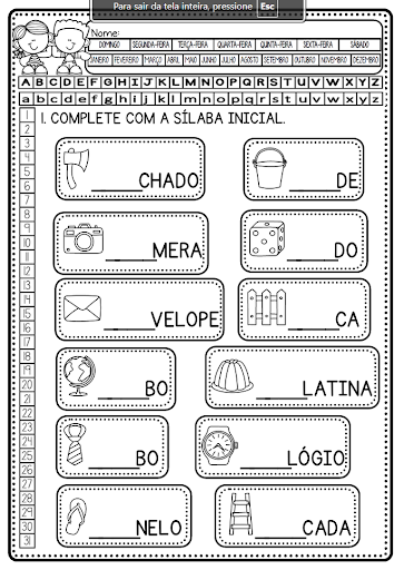 Atividade de Alfabetização — Complete a Sílaba Inicial